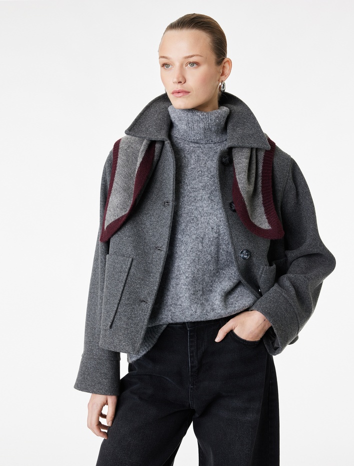  Cepli Düğmeli Uzun Kollu Kısa Kaşe Ceket