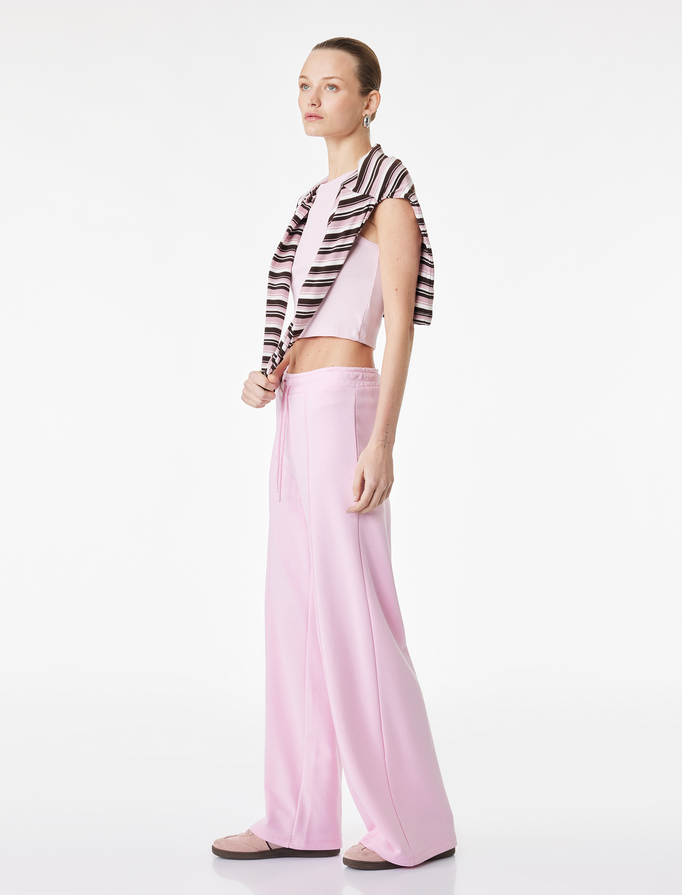   Beli Lastikli Bağlamalı Üç İplik Geniş Paça Nervürlü Eşofman Altı