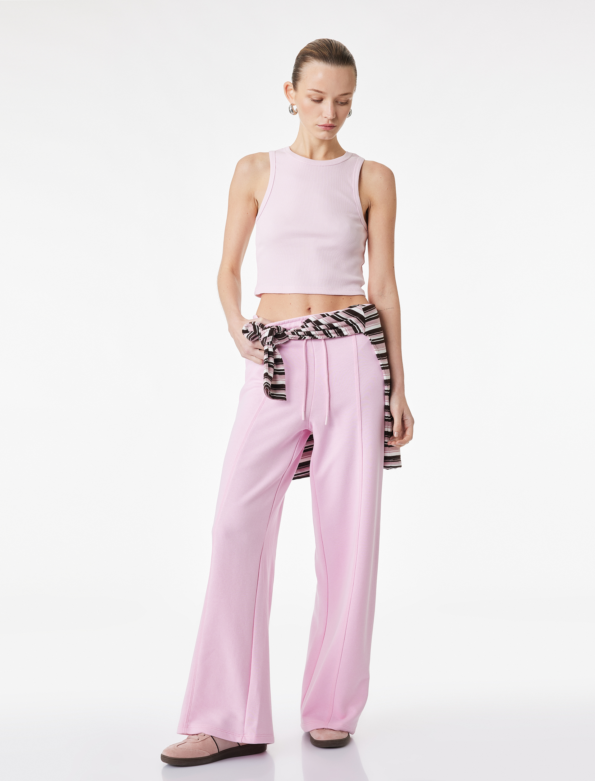   Beli Lastikli Bağlamalı Üç İplik Geniş Paça Nervürlü Eşofman Altı