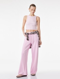 Beli Lastikli Bağlamalı Üç İplik Geniş Paça Nervürlü Eşofman Altı