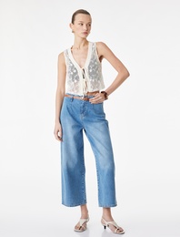 Yüksek Bel Pamuklu Kemerli Kısa Geniş Paça Denim Pantolon - Wide Leg Jean