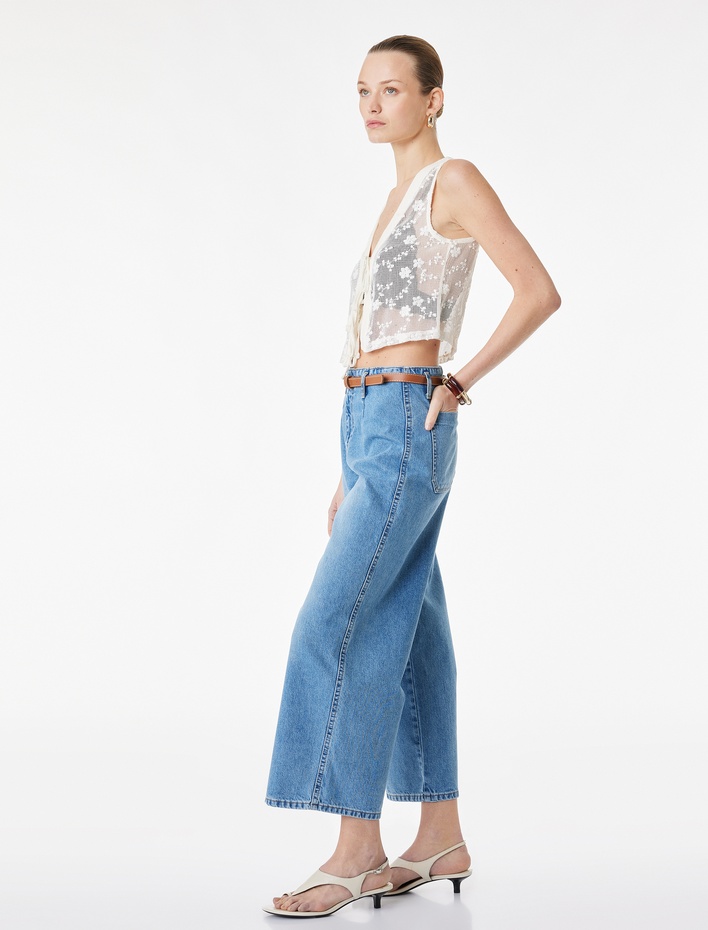  Yüksek Bel Pamuklu Kemerli Kısa Geniş Paça Denim Pantolon - Wide Leg Jean