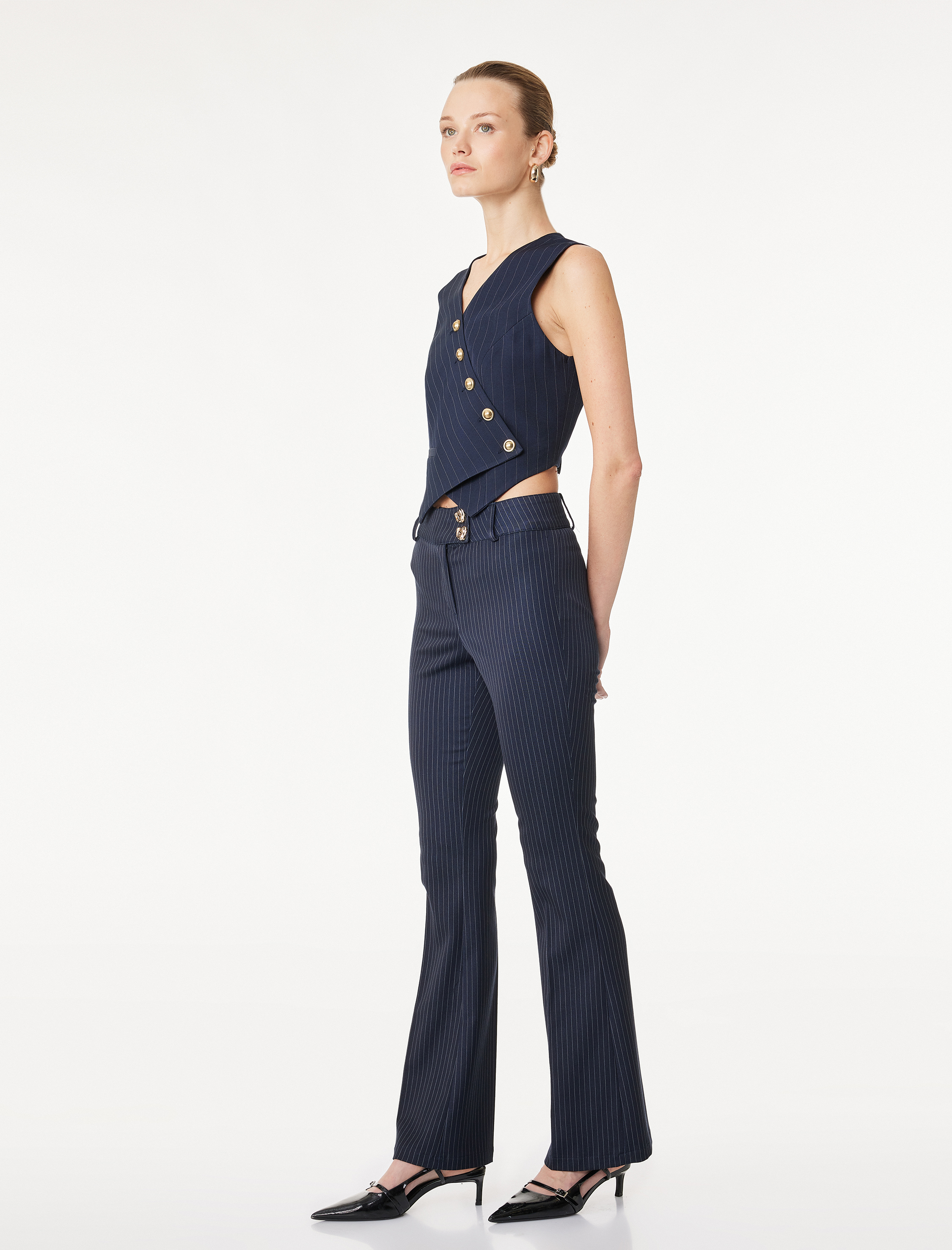   Slim Fit Mücevher Düğme Detaylı Çizgili İspanyol Paça Kumaş Pantolon