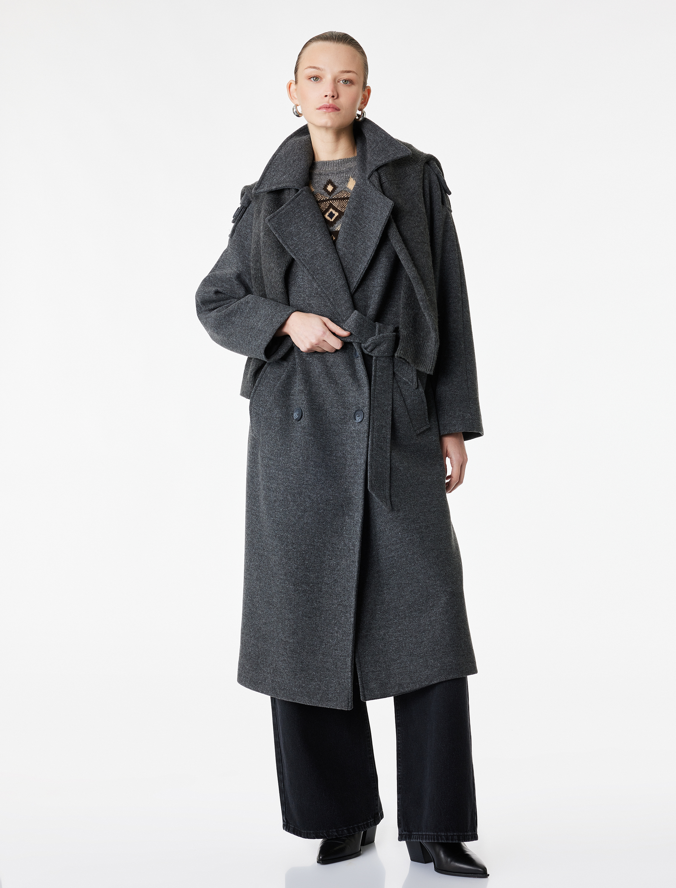   Uzun Kollu Cepli Düğmeli Kuşaklı Uzun Kruvaze Kaşe Kaban