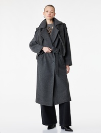 Uzun Kollu Cepli Düğmeli Kuşaklı Uzun Kruvaze Kaşe Kaban