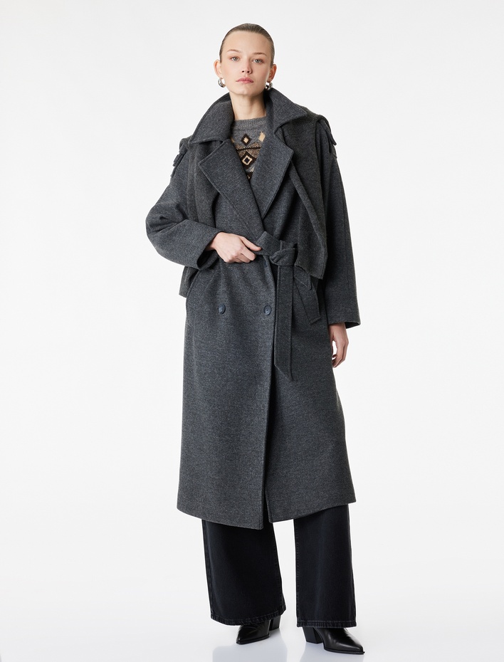  Uzun Kollu Cepli Düğmeli Kuşaklı Uzun Kruvaze Kaşe Kaban