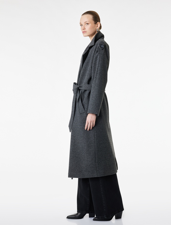  Uzun Kollu Cepli Düğmeli Kuşaklı Uzun Kruvaze Kaşe Kaban