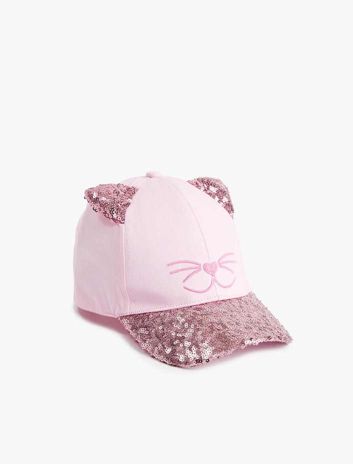 Kız Çocuk Kedi Figürlü Pullu Payewtli Kulak Aplikeli Kep Şapka