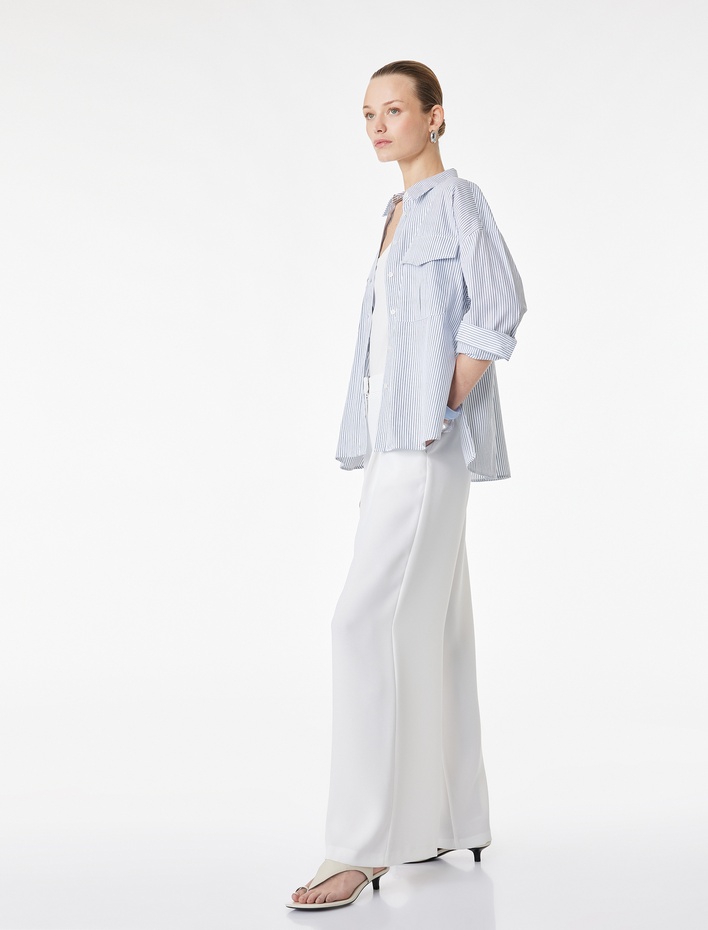  Krep Kumaş Cepli Pileli Düz Geniş Paça Pantolon