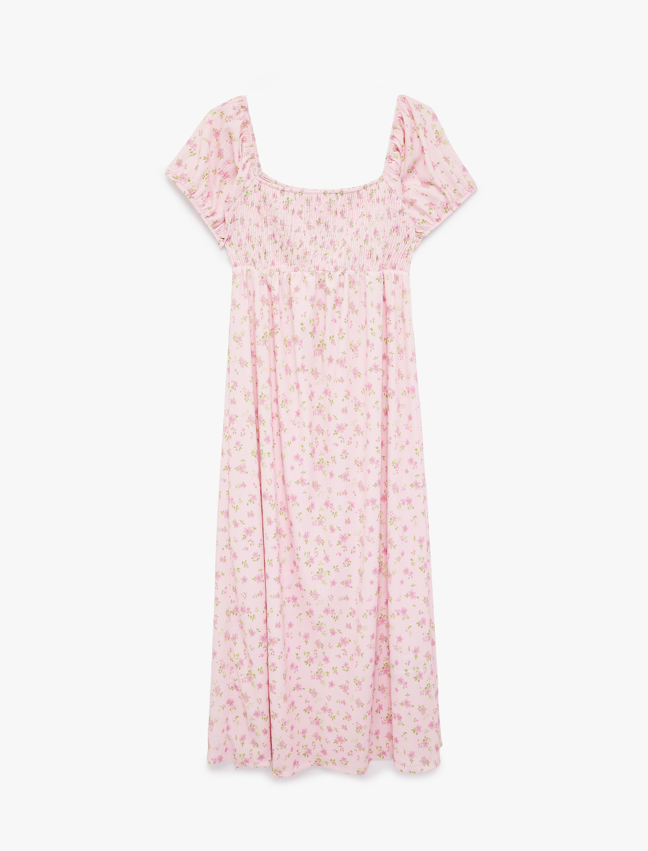   Kare Yaka Kısa Balon Kollu Uzun Çiçekli Elbise