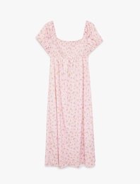 Kare Yaka Kısa Balon Kollu Uzun Çiçekli Elbise