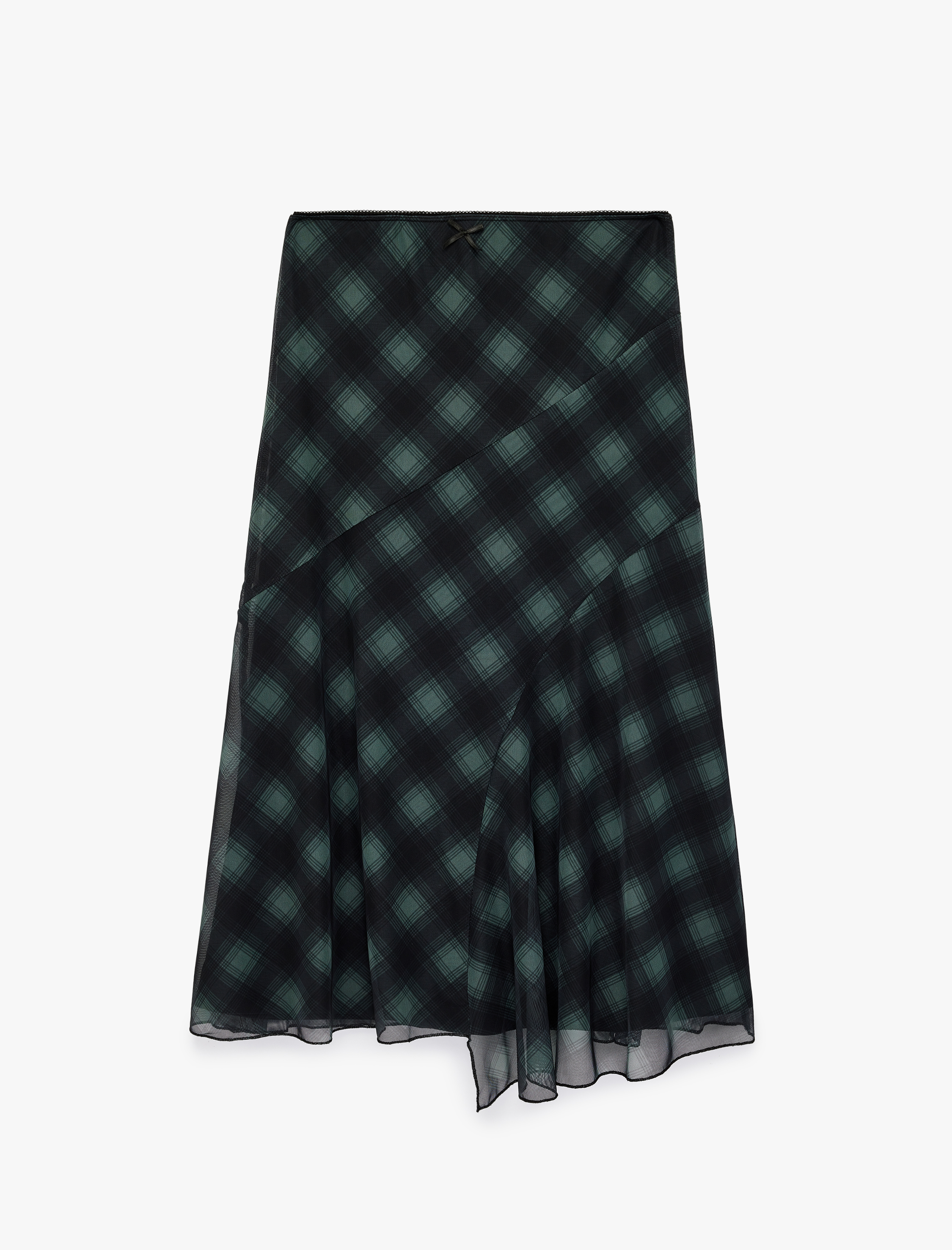   Asimetrik Kesim Ekoseli Midi Tül Etek