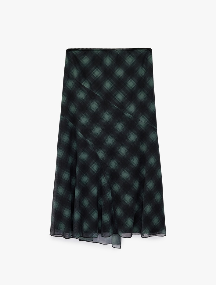  Asimetrik Kesim Ekoseli Midi Tül Etek