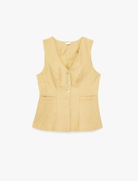 Cepli Dikiş Detaylı Düğmeli Kolsuz V Yaka Yelek