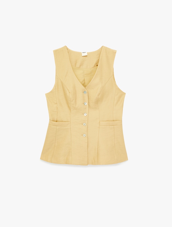  Cepli Dikiş Detaylı Düğmeli Kolsuz V Yaka Yelek