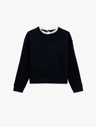 Şardonlu Uzun Kollu Dantel Detaylı Bisiklet Yaka Sweatshirt