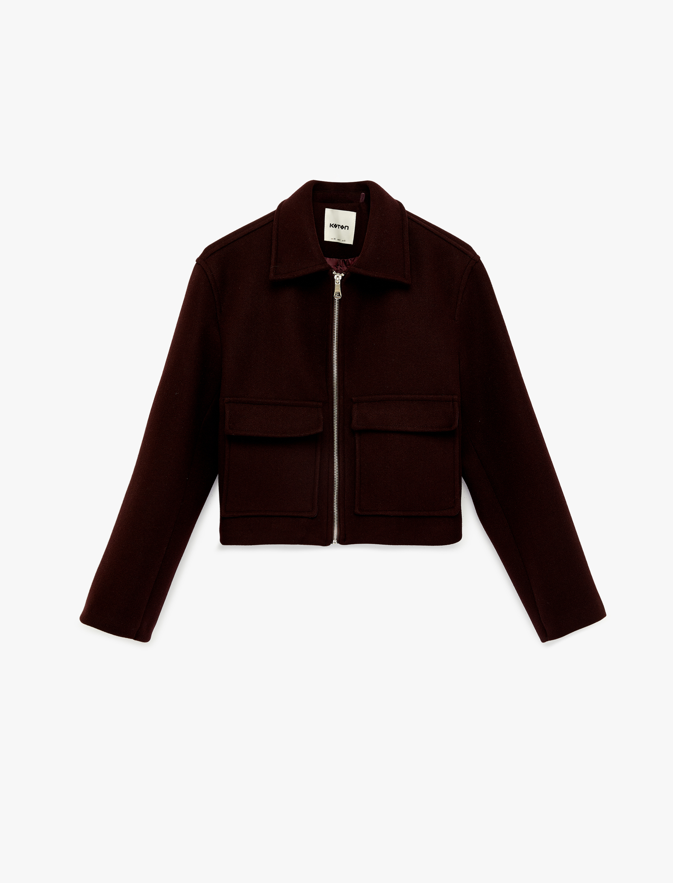   Uzun Kollu Cepli Fermuarlı Crop Kaşe Ceket