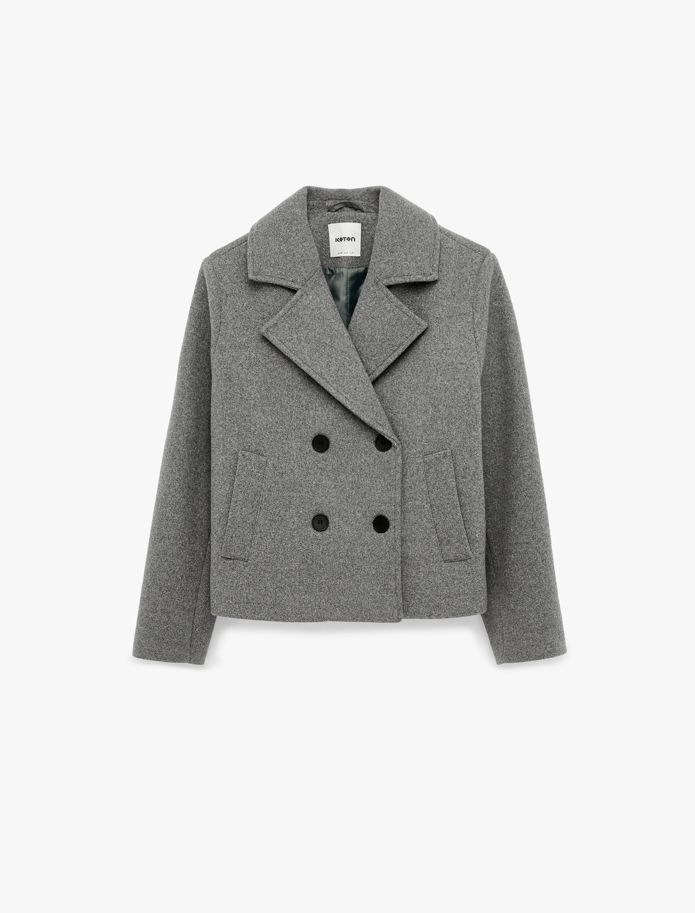   Uzun Kollu Düğmeli Cepli Kruvaze Kısa Kaşe Ceket