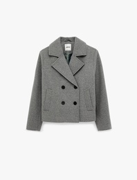 Uzun Kollu Düğmeli Cepli Kruvaze Kısa Kaşe Ceket