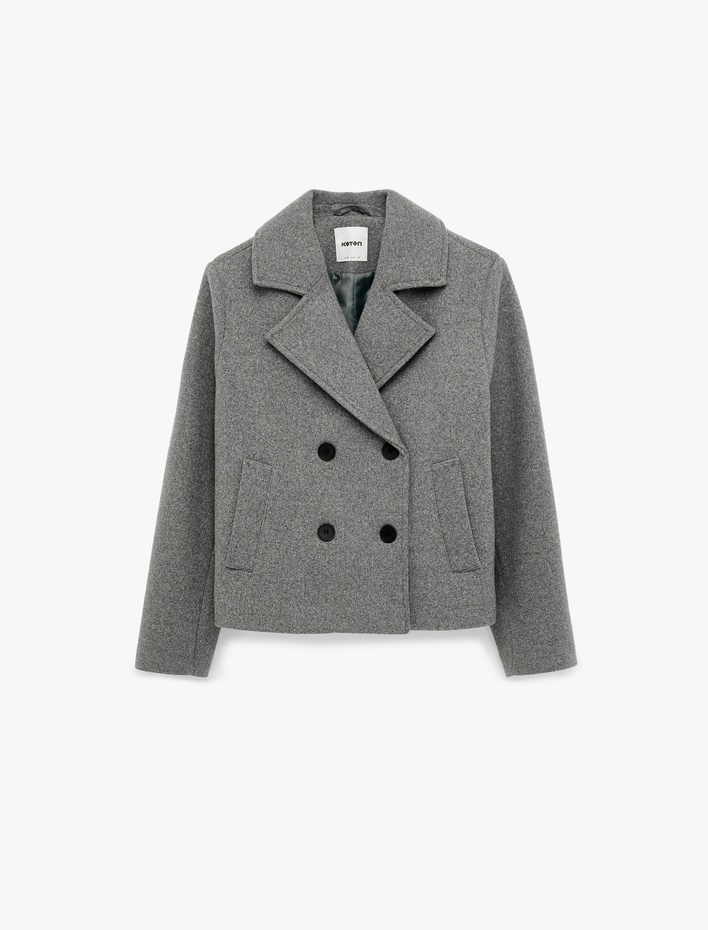  Uzun Kollu Düğmeli Cepli Kruvaze Kısa Kaşe Ceket