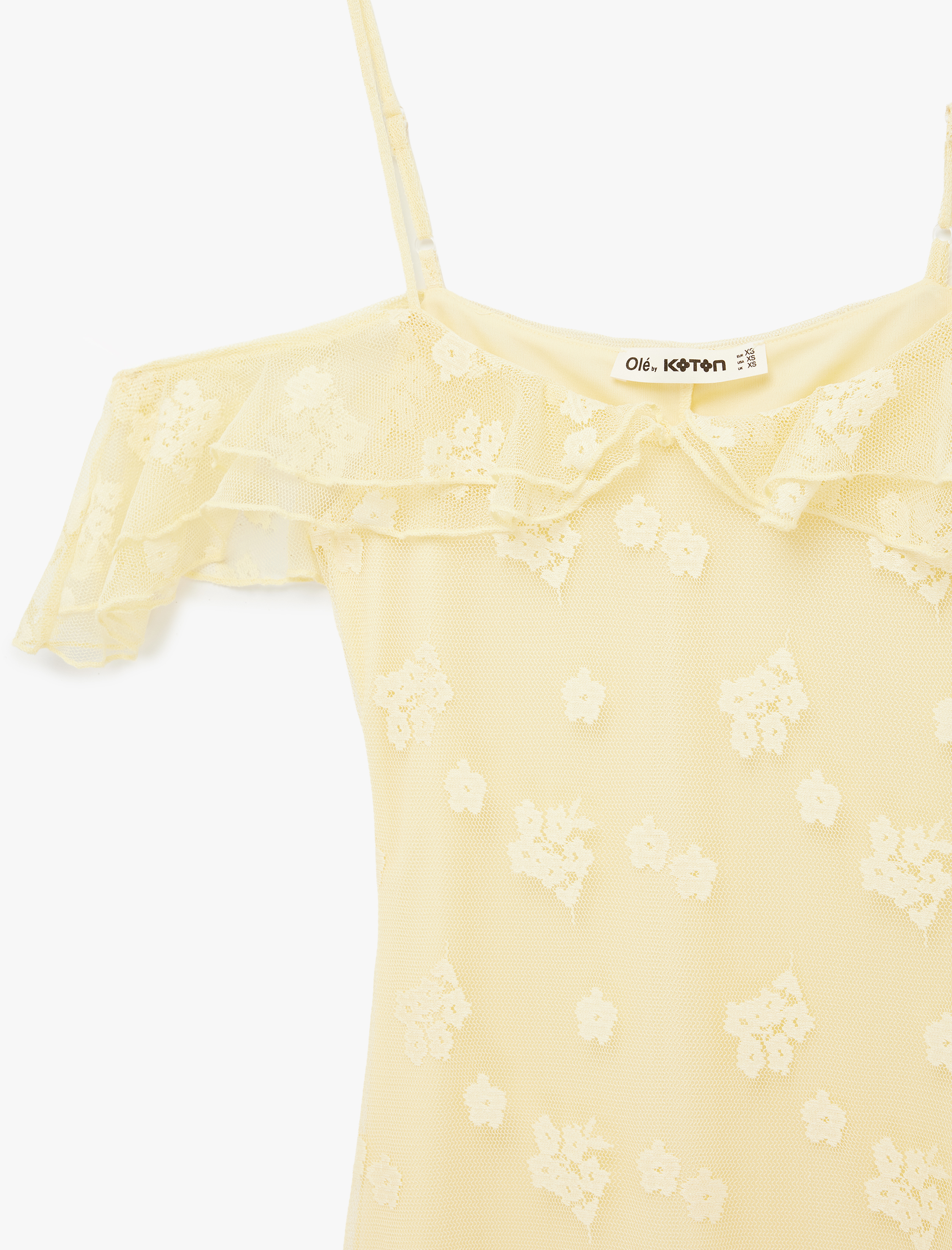   Asimetrik Kesim Fırfır Detaylı İp Askılı Uzun Çiçekli Tül Elbise