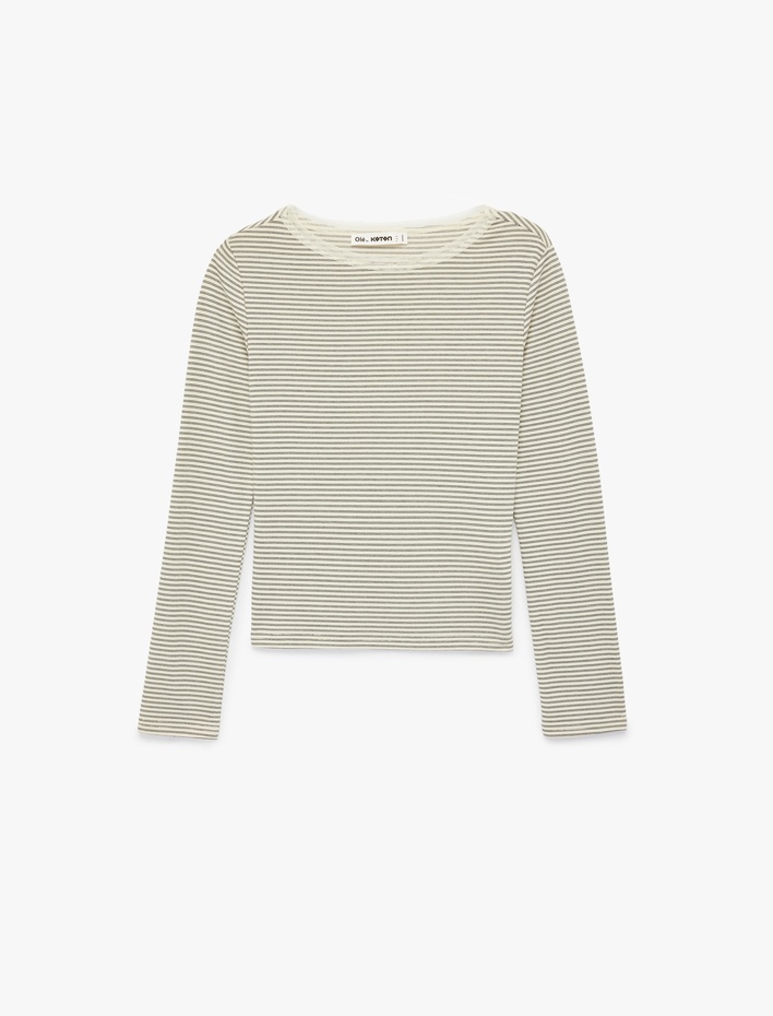  Dantel Detaylı Viskon Karışımlı Kayık Yaka Uzun Kollu Tişört