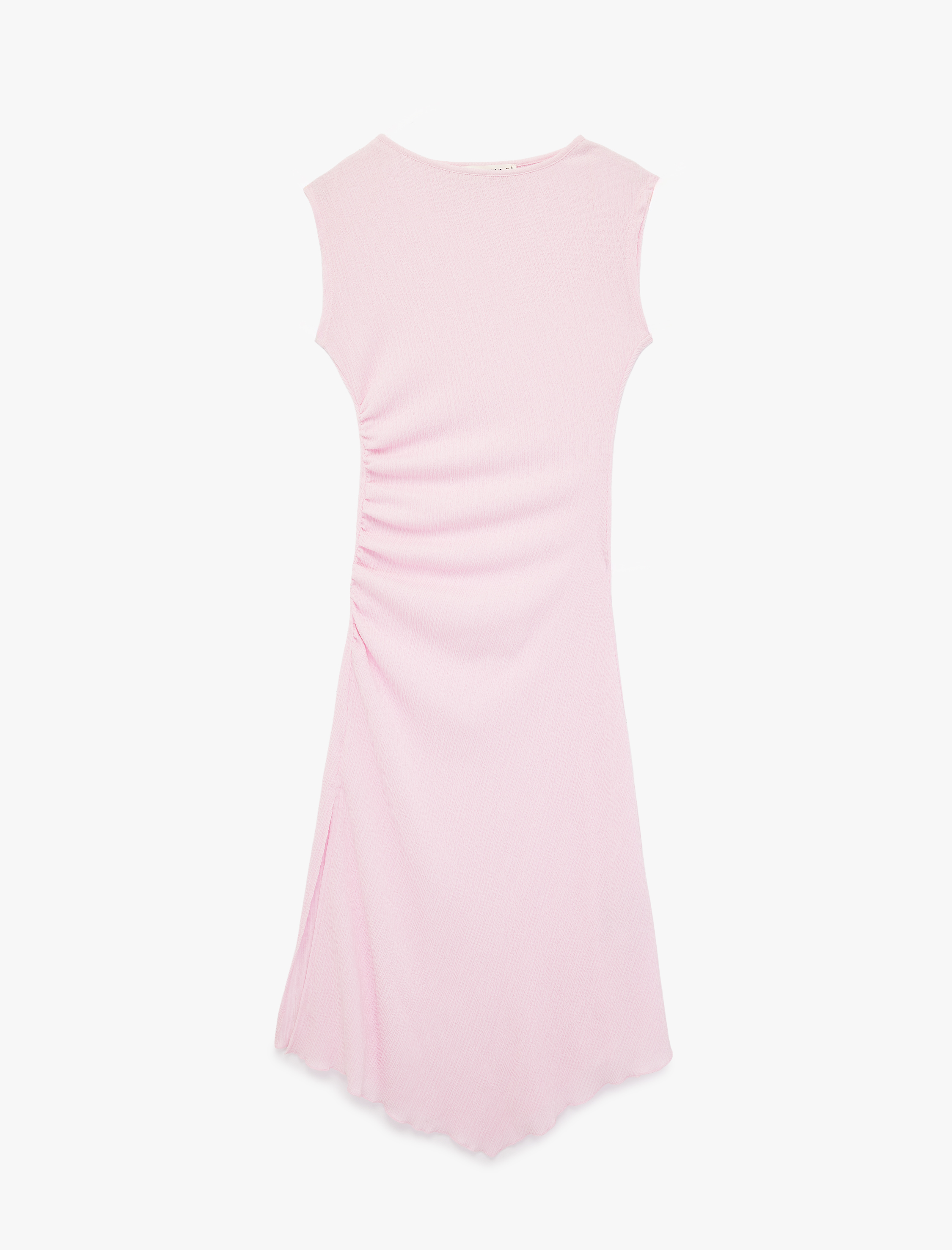   Drape Detaylı Asimetrik Kesim Bisiklet Yaka Kolsuz Midi Elbise