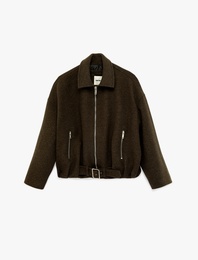 Uzun Kollu Kemer Detaylı Cepli Fermuarlı Kaşe Bomber Ceket