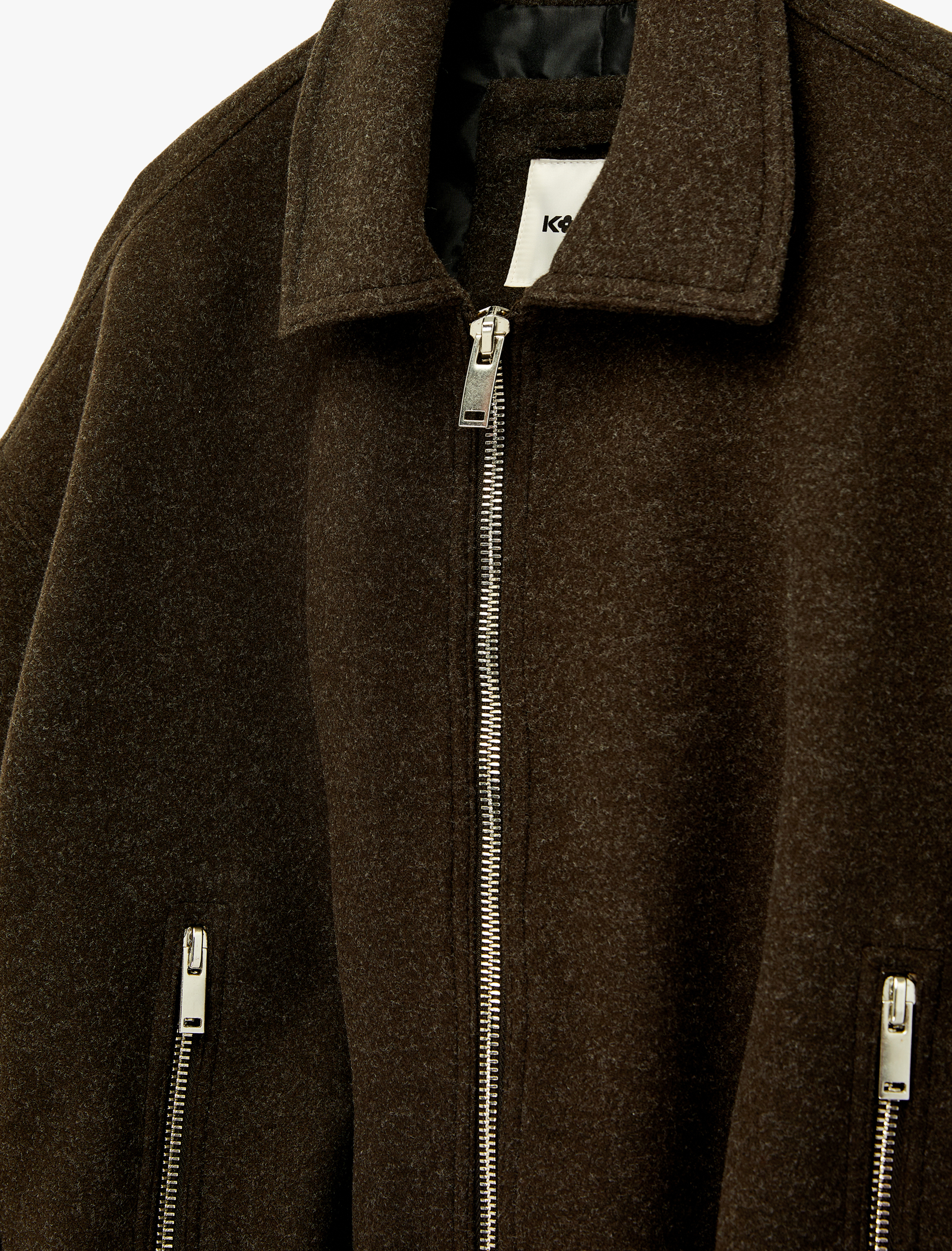   Uzun Kollu Kemer Detaylı Cepli Fermuarlı Kaşe Bomber Ceket