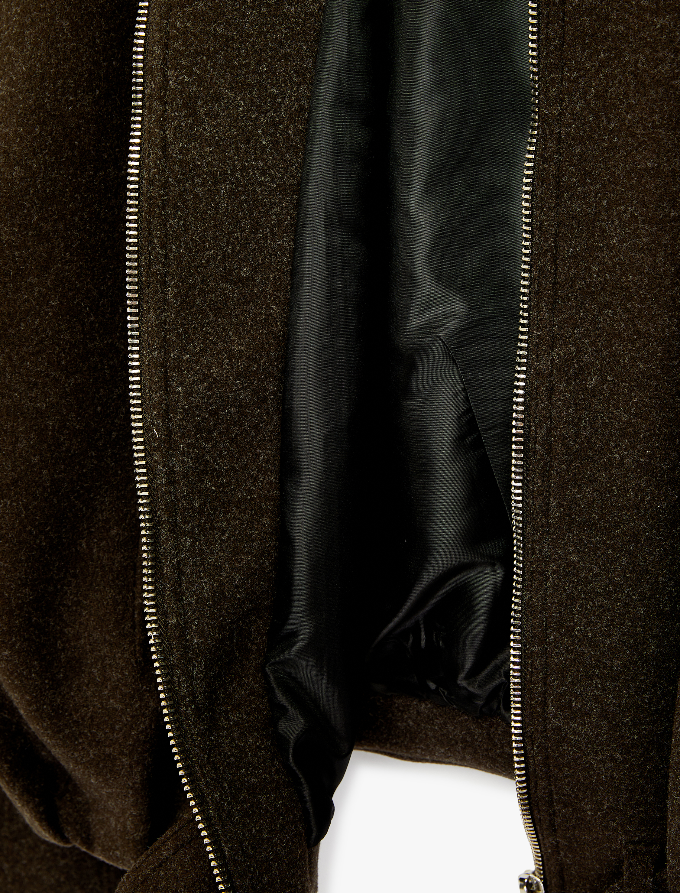   Uzun Kollu Kemer Detaylı Cepli Fermuarlı Kaşe Bomber Ceket