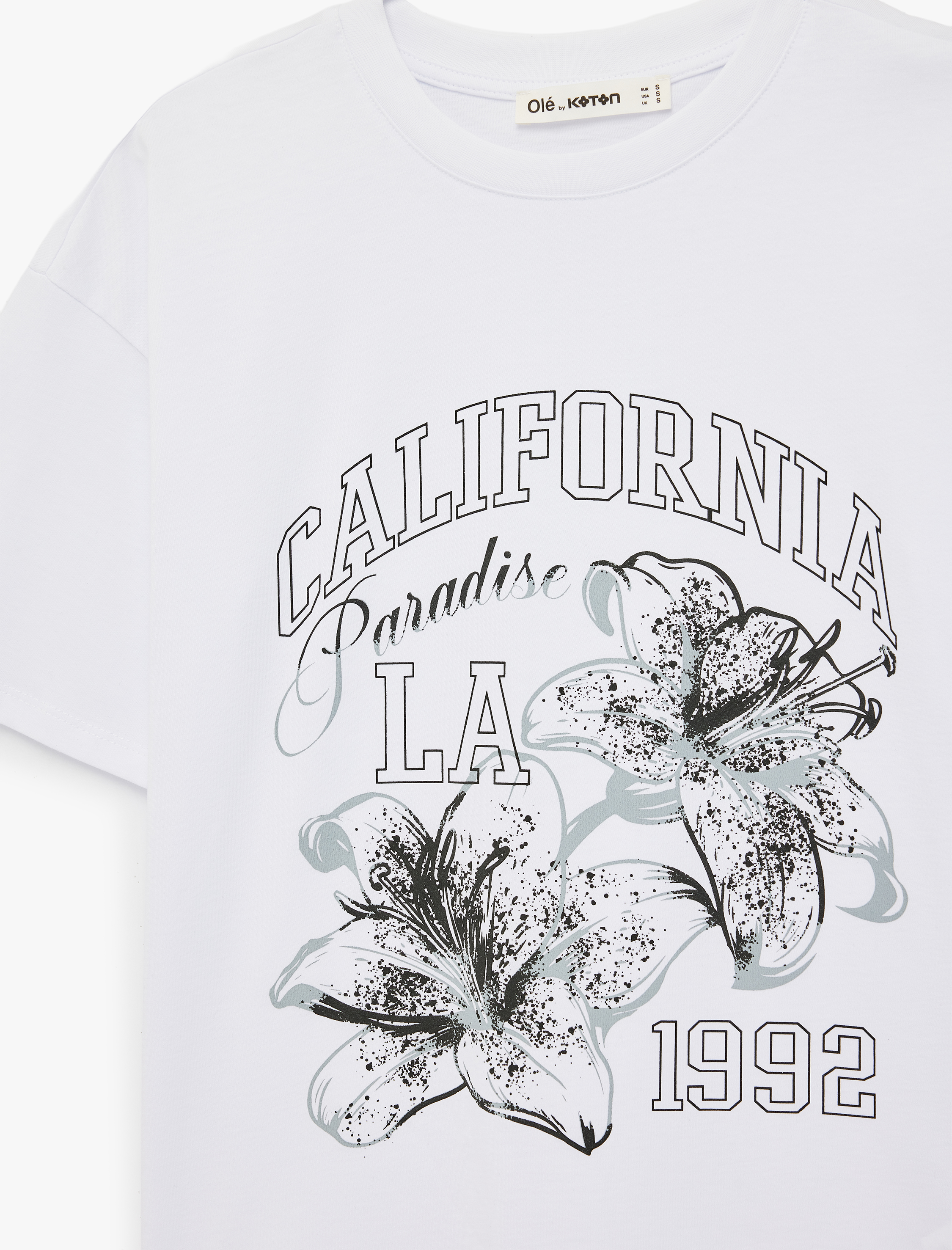   Rahat Kalıp Kısa Kollu Bisiklet Yaka Hibiskus Baskılı Tişört