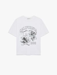 Rahat Kalıp Kısa Kollu Bisiklet Yaka Hibiskus Baskılı Tişört