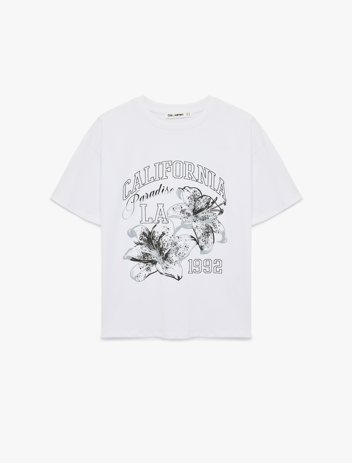  Rahat Kalıp Kısa Kollu Bisiklet Yaka Hibiskus Baskılı Tişört