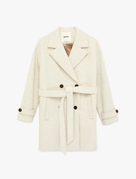 Uzun Kollu Cepli Kruvaze Kaşe Trenç Kaban