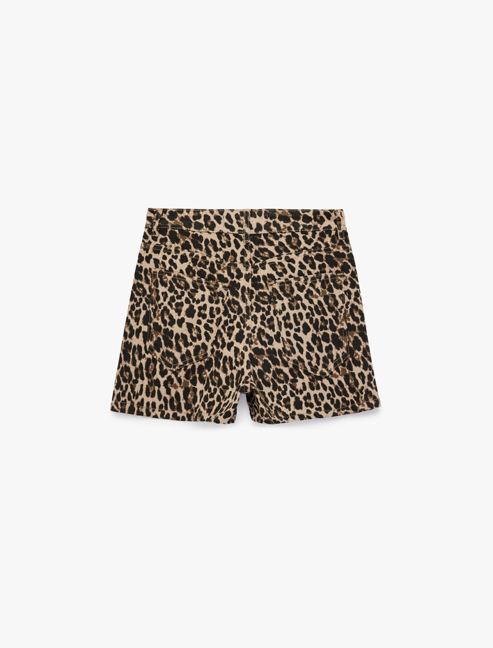  Taş Detaylı Leopar Desenli Yüksek Bel Mini Şort