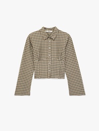 Slim Fit Uzun Kollu Klasik Yaka Ekoseli Crop Gömlek