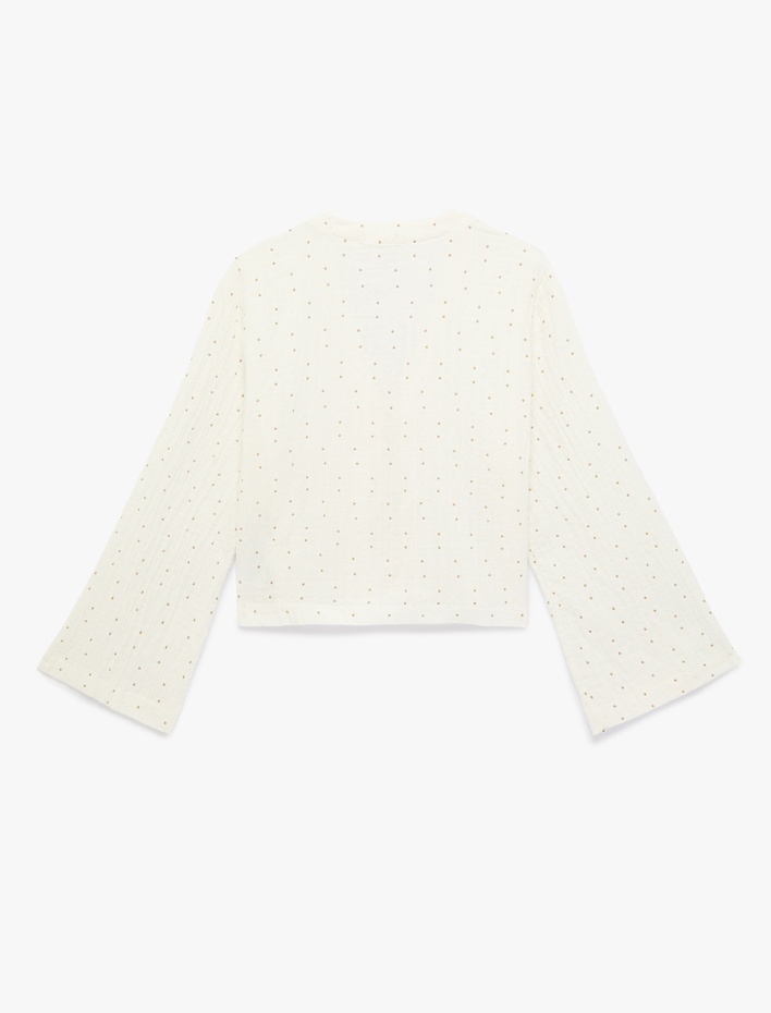  Pamuklu Uzun Kollu V Yaka Bağlamalı Fiyonk Detaylı Bluz