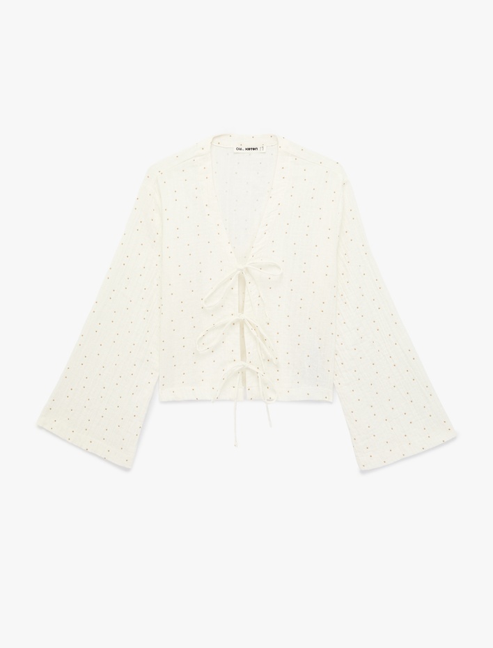  Pamuklu Uzun Kollu V Yaka Bağlamalı Fiyonk Detaylı Bluz