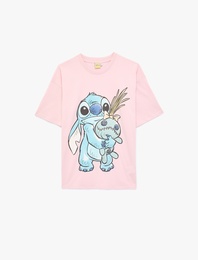 Stitch Baskılı Rahat Kalıp Kısa Kollu Bisiklet Yaka Lisanslı Tişört