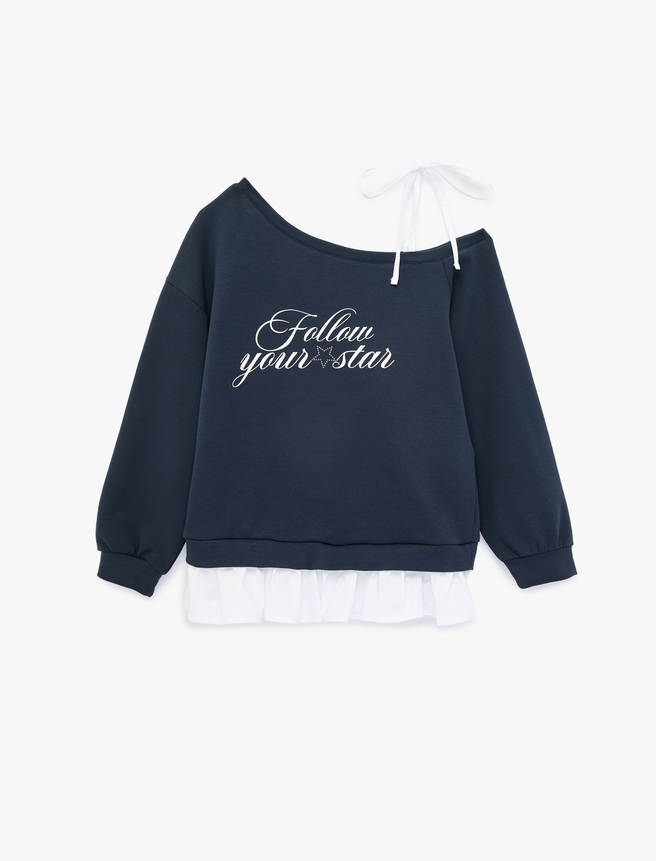  Fiyonk Detaylı Pamuklu Uzun Kollu Asimetrik Yaka Baskılı Sweatshirt