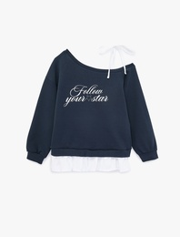 Fiyonk Detaylı Pamuklu Uzun Kollu Asimetrik Yaka Baskılı Sweatshirt
