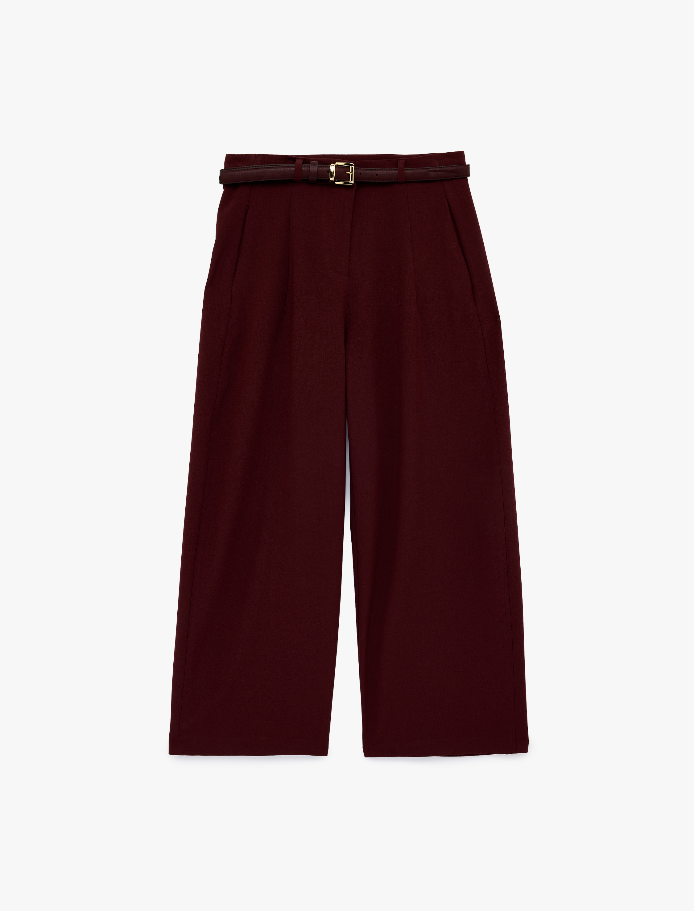   Cepli Pileli Kemerli Geniş Paça Kumaş Pantolon