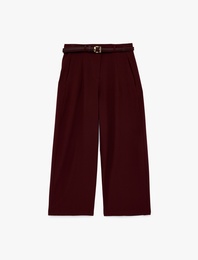 Cepli Pileli Kemerli Geniş Paça Kumaş Pantolon