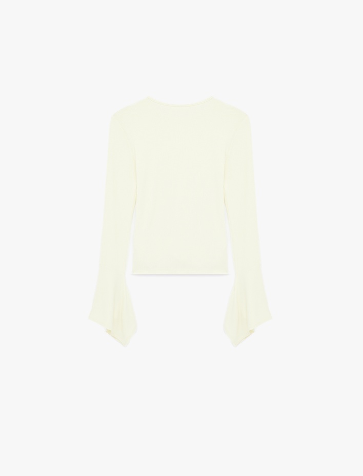  Slim Fit Bisiklet Yaka Uzun İspanyol Kollu Fitilli Bluz