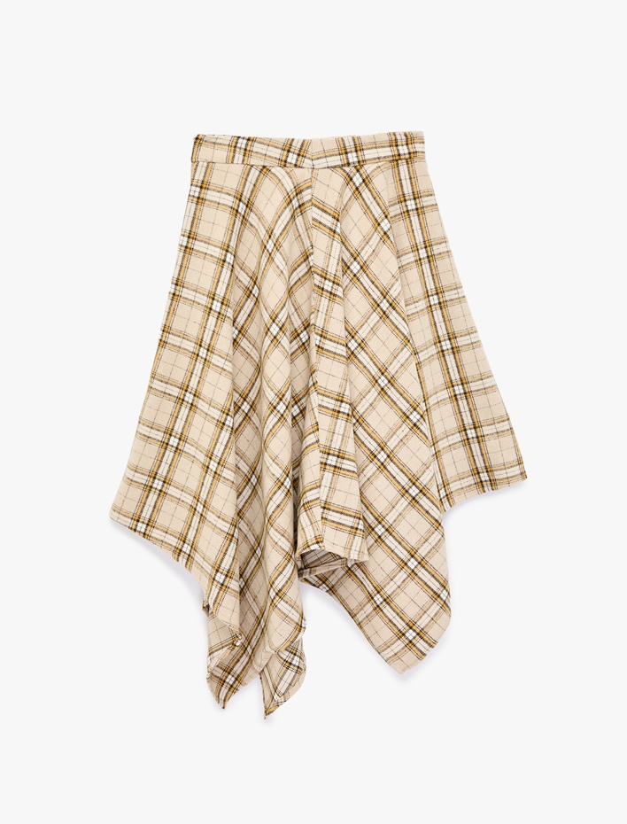  Asimetrik Kesim Ekoseli Midi Etek