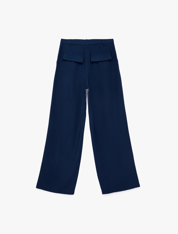  Pile Detaylı Cepli Geniş Paça Yüksek Bel Palazzo Pantolon