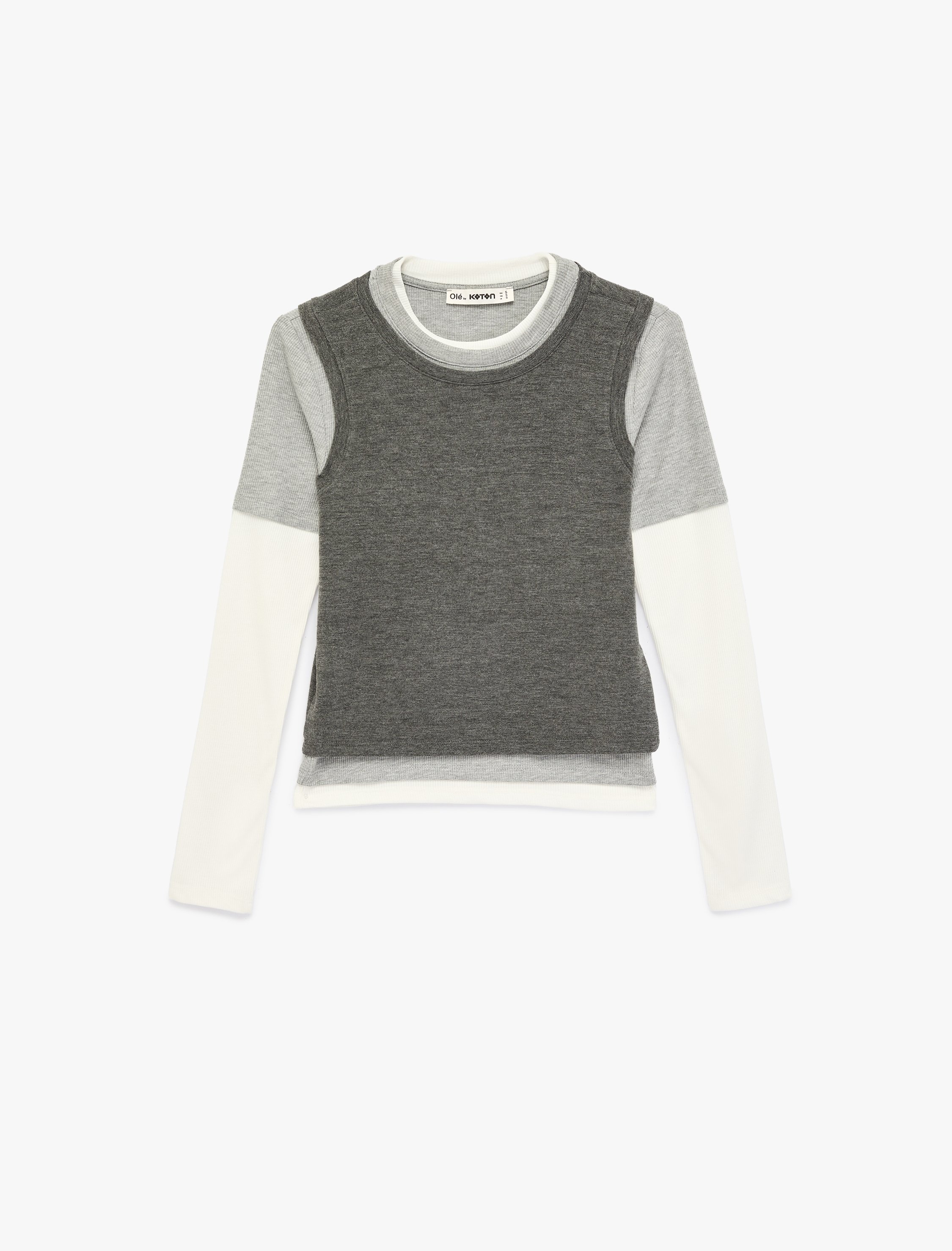   Slim Fit Uzun Kollu Renk Bloklu Bisiklet Yaka Tişört