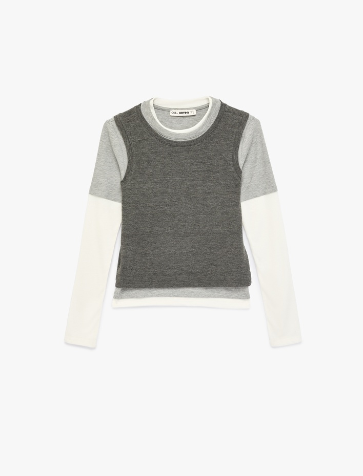  Slim Fit Uzun Kollu Renk Bloklu Bisiklet Yaka Tişört