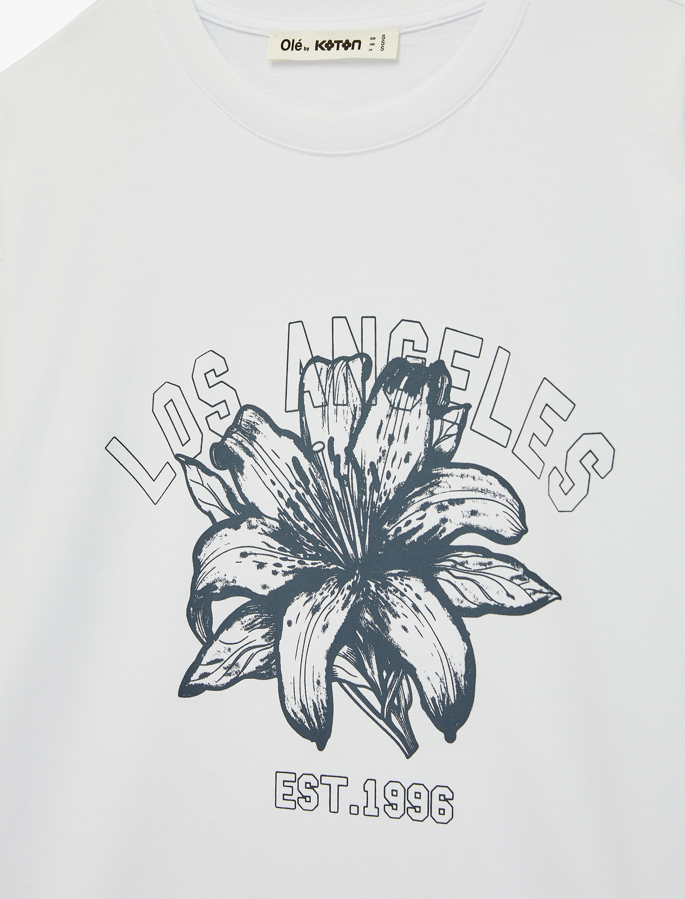   Çiçek Baskılı Rahat Kalıp Kısa Kollu Bisiklet Yaka Pamuklu Tişört