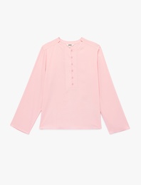 Bol Kalıp Uzun Kollu Bisiklet Yaka Yarım Düğme Detaylı Bluz